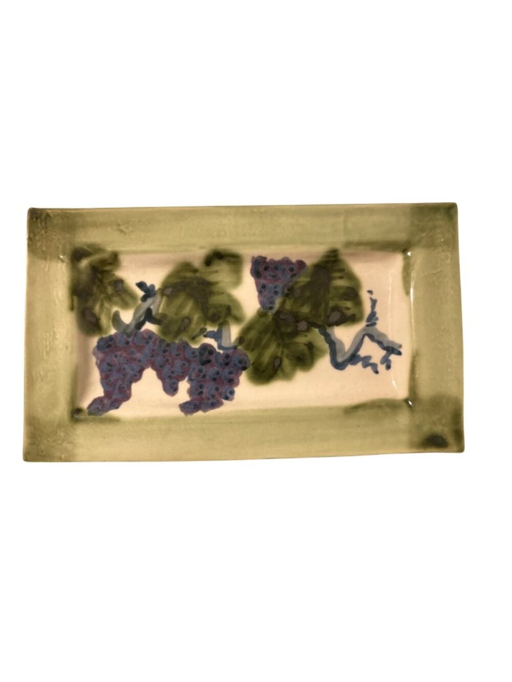 Art Pottery Rectangular Ceramic Tray With Grape Vine Design Signed
